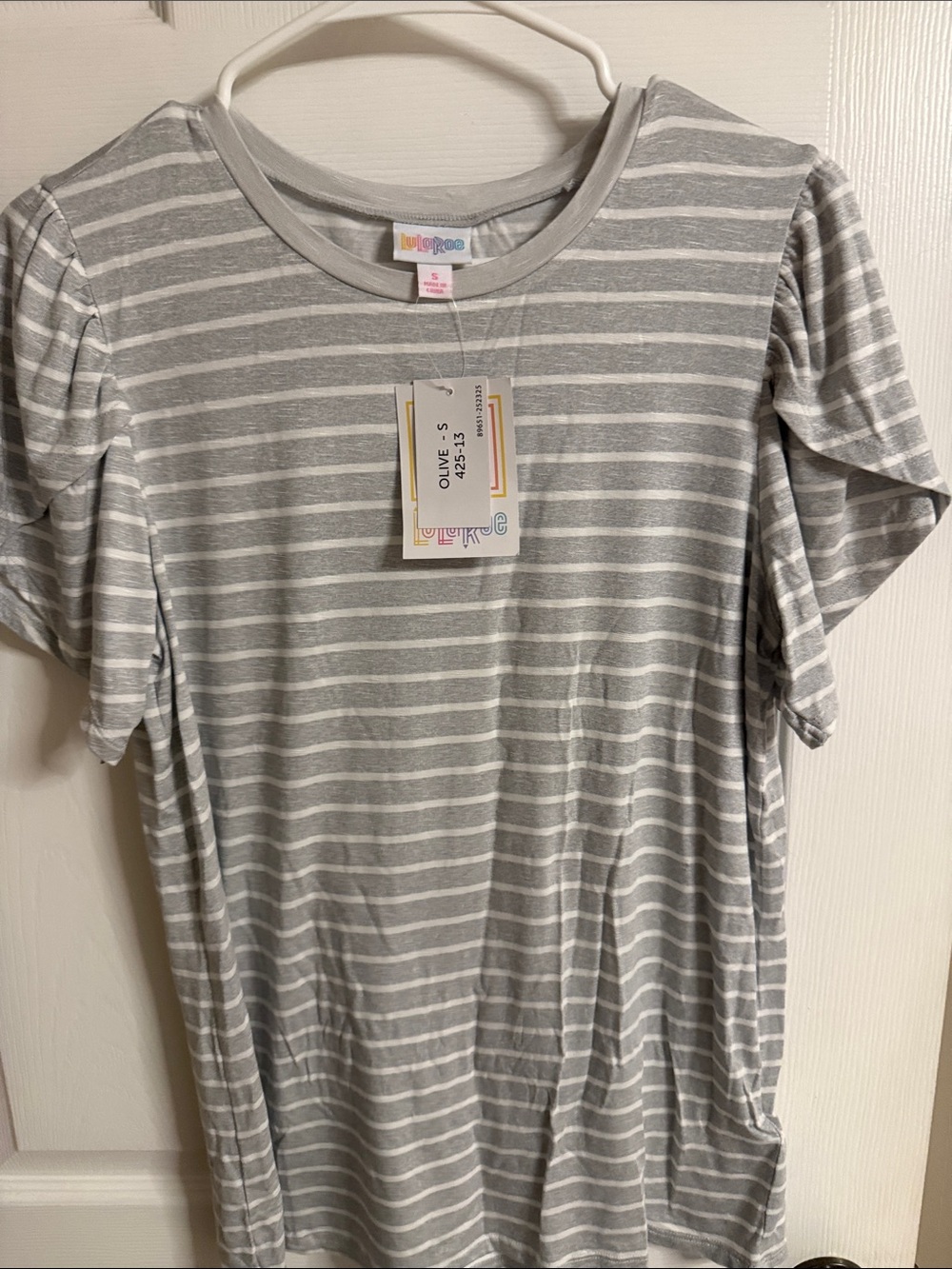 LuLaRoe Girls Gray & White Striped Short Sleeve Tee
